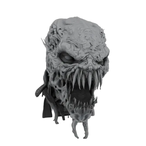Render de modelo 3D de una cabeza monstruosa grotesca con dientes afilados y ojos vacíos, presentado sobre un fondo blanco.