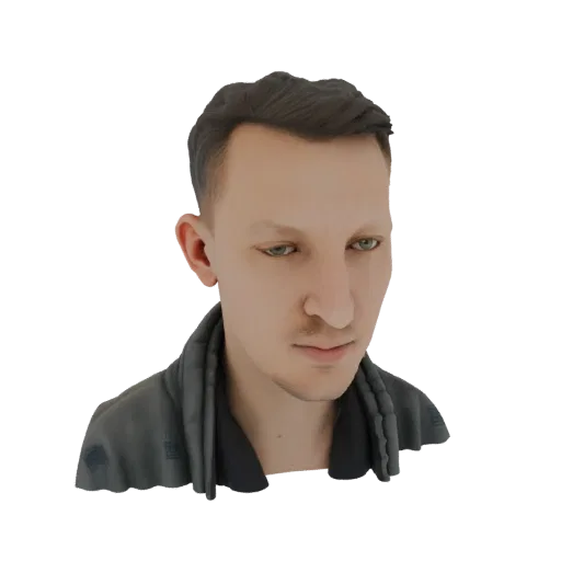 Render modello 3D di un uomo con capelli castani corti e occhi verdi, indossa una giacca grigia, guarda in basso.