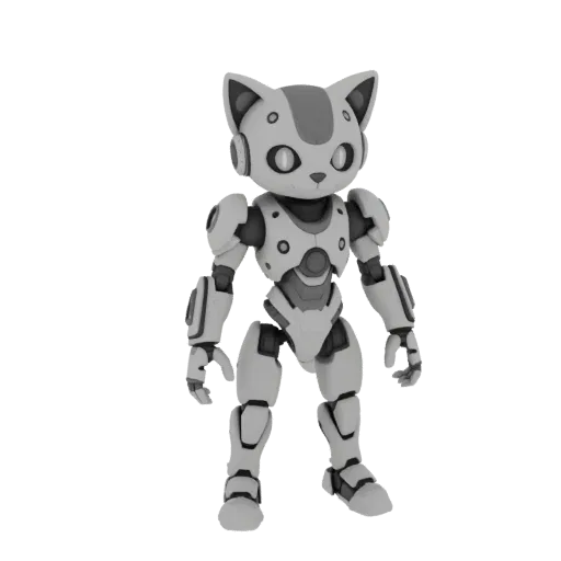 Un rendering 3D di un gatto robotico grigio chiaro con grandi occhi e arti segmentati, in piedi su sfondo bianco.