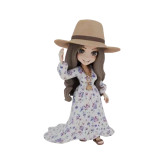 Modello 3D di una donna affascinante con abito floreale e cappello da sole a tesa larga, sorridente e che saluta.