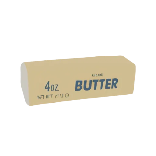 A 3D model of a stick of butter with its wrapper, showing '4oz BUTTER' text.
