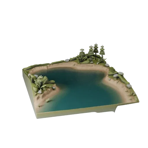 Swamp Pool Terrain Realistic 3D model, three-quarter environment render, showing wet stone, mud shelves.