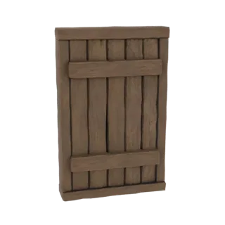 Render do modelo 3D de uma veneziana rústica de madeira com tábuas verticais e ripas horizontais, mostrando textura de madeir
