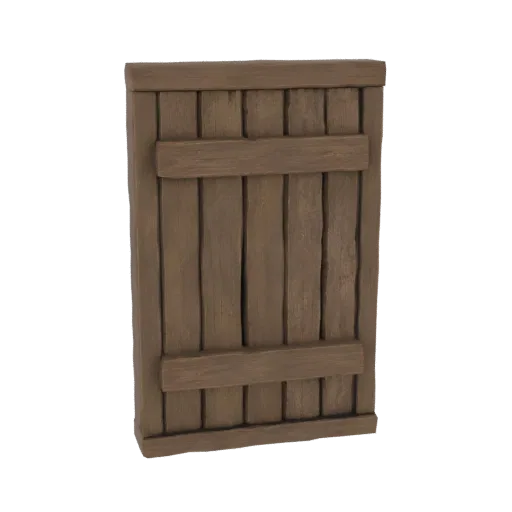 Render do modelo 3D de uma veneziana rústica de madeira com tábuas verticais e ripas horizontais, mostrando textura de madeir