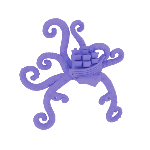Modello 3D di un kraken viola con tentacoli avvolti attorno a una nave a vela su sfondo nero.