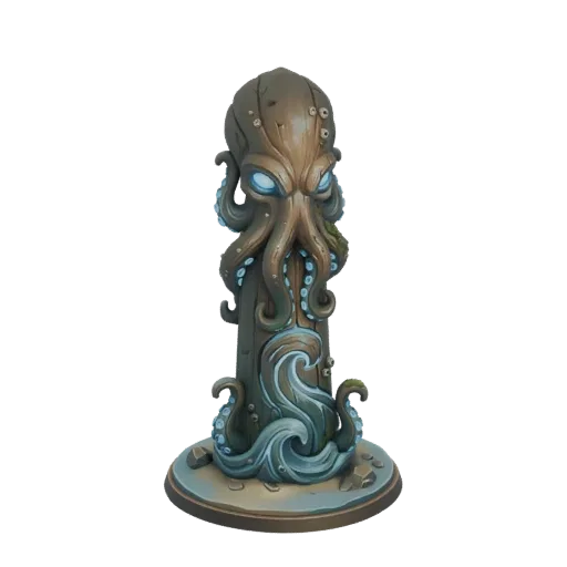 Modèle 3D d'un pilier de temple patiné avec un Kraken pieuvre menaçant émergeant de vagues tourbillonnantes, avec des yeux bl