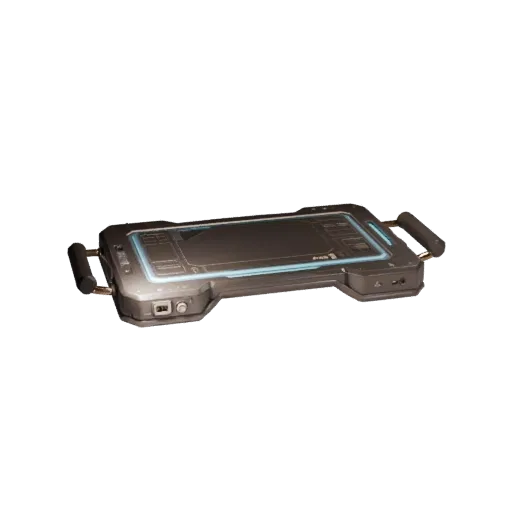 Clean Sci Fi Data Pad 3D model, three-quarter front view, Unreal Engine viewport, showing emissive strips, form detail.