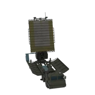 3D model of a mobile radar system with a large phased array antenna on a military truck, presented against a white background