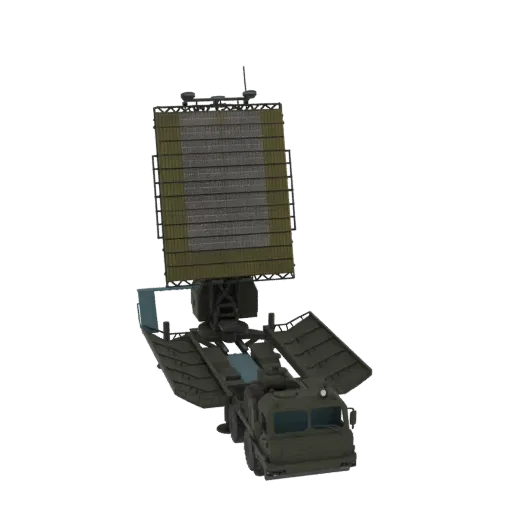 3D model of a mobile radar system with a large phased array antenna on a military truck, presented against a white background