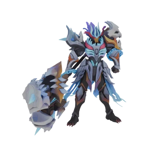 3D model of a fierce aquatic warrior in dark armor, holding a large, glowing crystal hammer, with a black background.