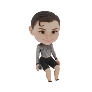 Modelo 3D de uma figura chibi com olhos grandes, vestindo um top cropped de leopardo e shorts pretos, sentada casualmente.
