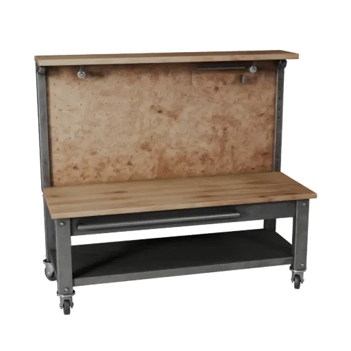 Garage Workbench 3D model, side profile view, technical viewport render, showing steel frames, stable fixtures.