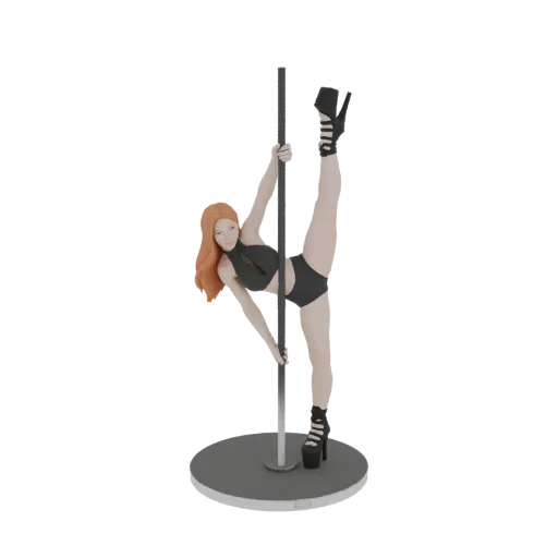 3D model of a female pole dancer in a high split pose, holding onto a vertical pole, wearing a black outfit and high heels.