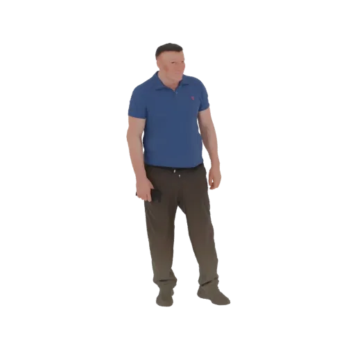 3D model of a man in a blue polo shirt and dark pants, holding a smartphone in his left hand, with a neutral expression.