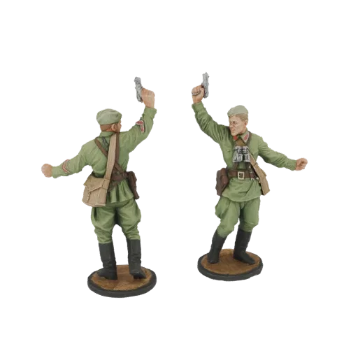 Modelo 3D de dois soldados soviéticos em uniformes verdes, um por trás e outro de lado, ambos segurando pistolas no ar.