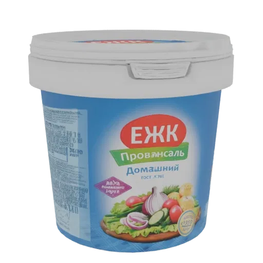 3D model of a blue mayonnaise jar with a white lid, featuring a label with red and green accents and a vegetable illustration