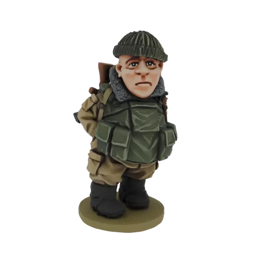 3D model of a chubby soldier wearing a beanie, winter clothing, a backpack, and holding a rifle, standing on a base.