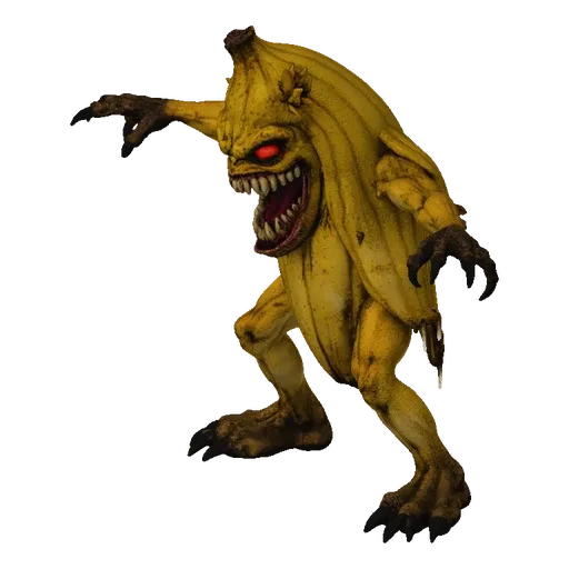 A terrifying 3D model of a monstrous banana creature with sharp teeth, glowing red eyes, and clawed hands, posed menacingly.