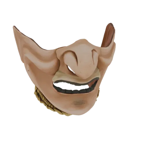 Modello 3D di una mezza maschera Oni Hannya giapponese con espressione feroce e denti aguzzi, renderizzato con texture realis