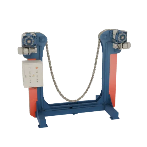 3D model of a blue and red industrial chain hoist with a metallic chain and a control panel, set against a white background.