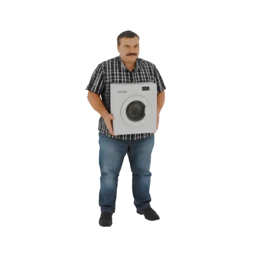 3D model of a man with a mustache, wearing a checkered shirt and jeans, holding a white washing machine.