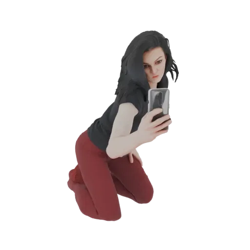 3D model of a young woman kneeling and taking a selfie with her smartphone, wearing a black top and red leggings.