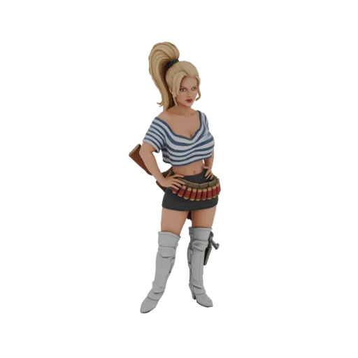 3D model of a female soldier with blonde ponytail, wearing a striped crop top, skirt, tactical boots, and holding a rifle.