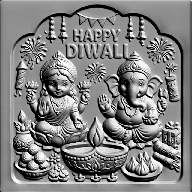 3D model of Happy Diwali bas-relief with Lakshmi and Ganesha, adorned with candles, fireworks, and sweets.