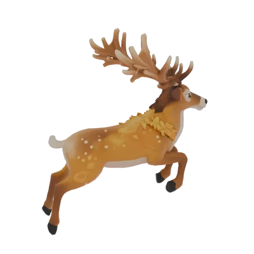 Modelo 3D de veado estilizado em salto com chifres ramificados, coberto de manchas brancas e adornado com uma coroa de folhas