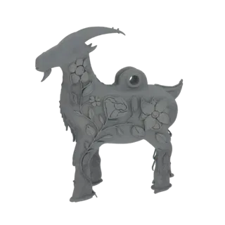 A 3D render of a grey goat ornament with embossed floral patterns and vines, featuring a hanging loop.