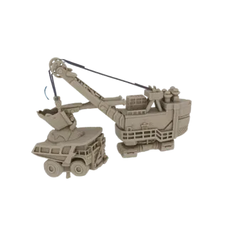 3D model of a large beige mining excavator loading material into a large beige dump truck, set against a black background.