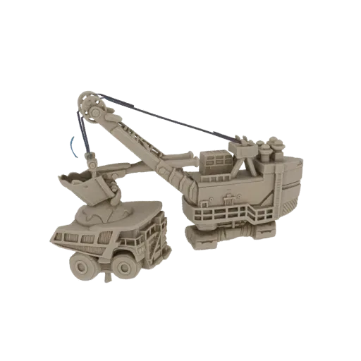 3D model of a large beige mining excavator loading material into a large beige dump truck, set against a black background.