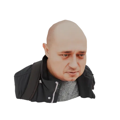 3D-Modell eines glatzköpfigen Mannes in schwarzem Jackett und grauem T-Shirt, der nach unten blickt.