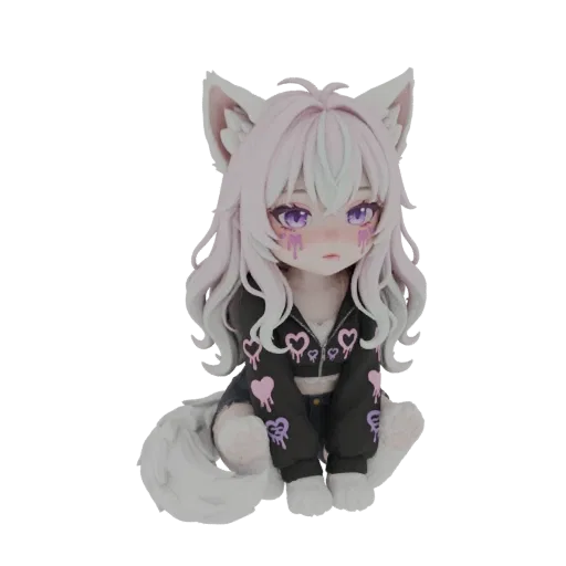 Modèle 3D d'une mignonne fille renard anime assise, portant un sweat à capuche noir avec des motifs cœur drip roses et des ch