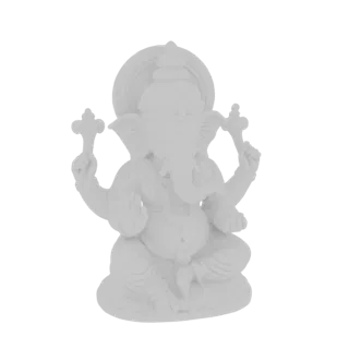 Render di modello 3D di una statua bianca seduta di Ganesha con testa di elefante e molteplici braccia, su sfondo bianco.