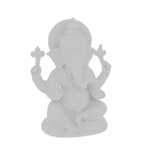 Render de modelo 3D de una estatua blanca sentada de Ganesha con cabeza de elefante y múltiples brazos, sobre fondo blanco.