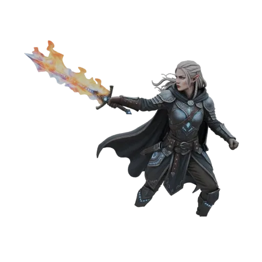 3D model of an Elven Warrior with silver hair, wearing dark armor and a cape, holding a sword wreathed in orange and yellow f