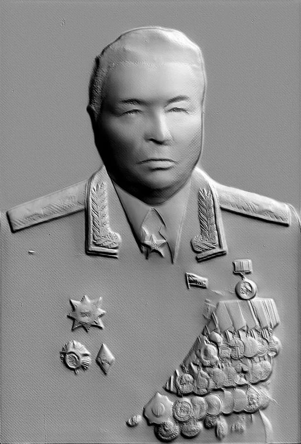 Modèle 3D de bas-relief de maréchal en uniforme de parade avec de nombreuses décorations et médailles, en couleur grise
