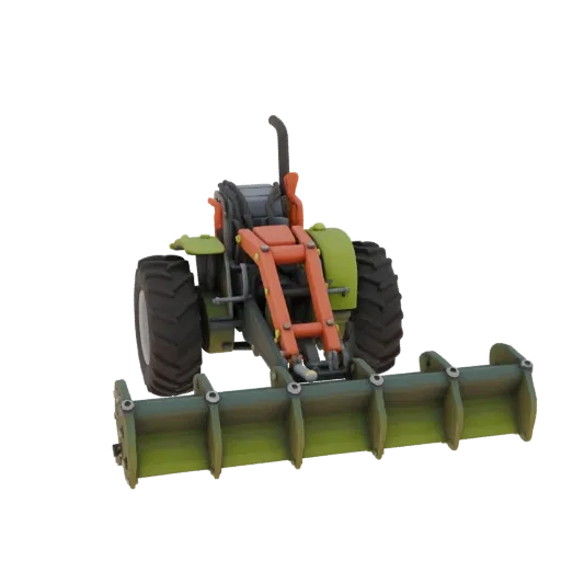 3D model of a deep ripper with four working units, colored green and orange, on a white background.