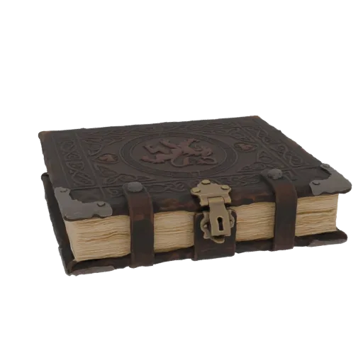 3D model of an ornate, brown leather-bound grimoire with embossed patterns, a lion emblem, and a brass lock, shown from a sid