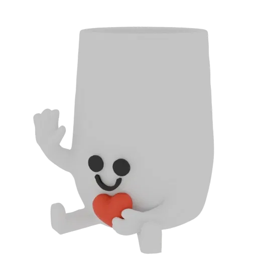 A 3D render of a cute, white blob character with black eyes and a smile, waving one hand and holding a red heart with the other.