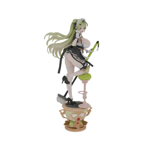 3D model of an anime maid figure with green hair, wearing a black and white maid outfit, holding a broom and posing on a stoo