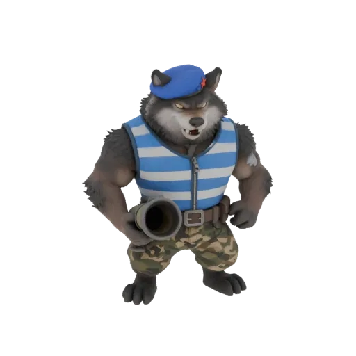 3D model of Wolf Paratrooper in telnyashka shirt and camouflage pants with bazooka, blue beret, and angry grin