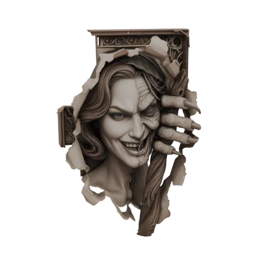 3D model of a woman's face, half beautiful and half monstrous, emerging from torn paper