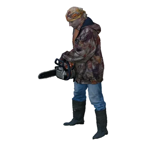 3D model of a man in a camouflage jacket and jeans, holding a chainsaw, against a white background.