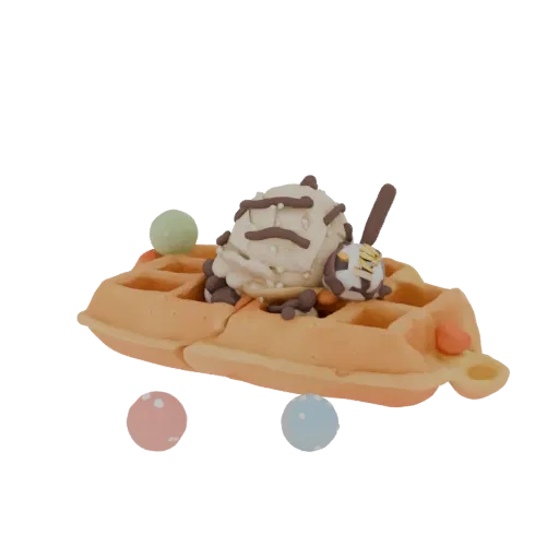 3D-Modell einer Hongkong-Waffel mit Eis, Schokostreuseln und bunten Süßigkeiten, Seitenansicht
