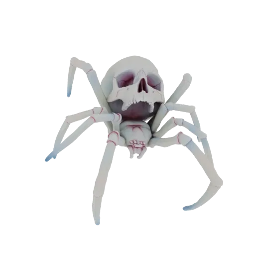 A 3D render of a white spider with a human skull for its head, featuring detailed eye sockets and a gaping mouth, with segmen