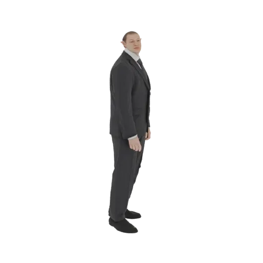 3D model of a man in a black suit, viewed from the side, with a neutral expression and standing pose.