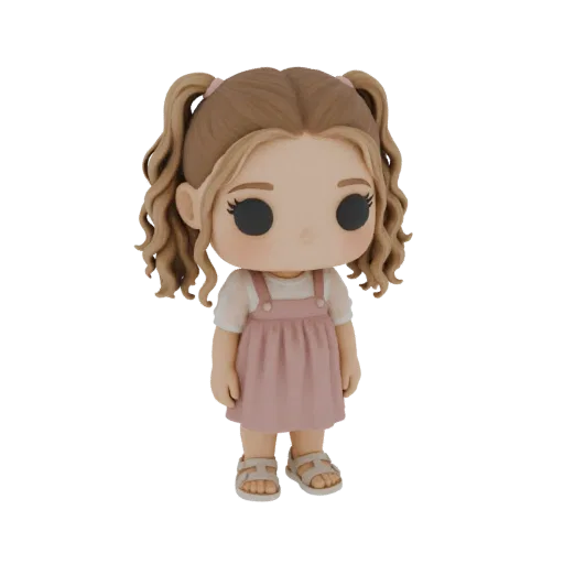 3D model of a cute young girl with brown pigtails, wearing a pink dress and sandals, with large black eyes and rosy cheeks.