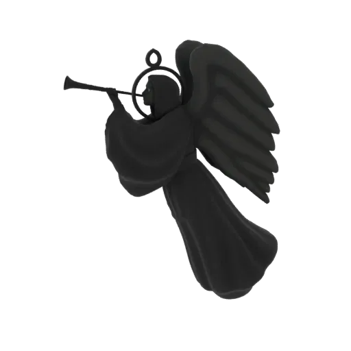 3D model of a dark angel with wings spread, blowing a trumpet, with a halo, against a black background.